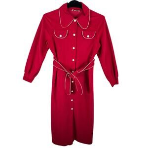 Vassarette Vintage Red Velour Long Collared Button Front Belted Housecoat Robe M